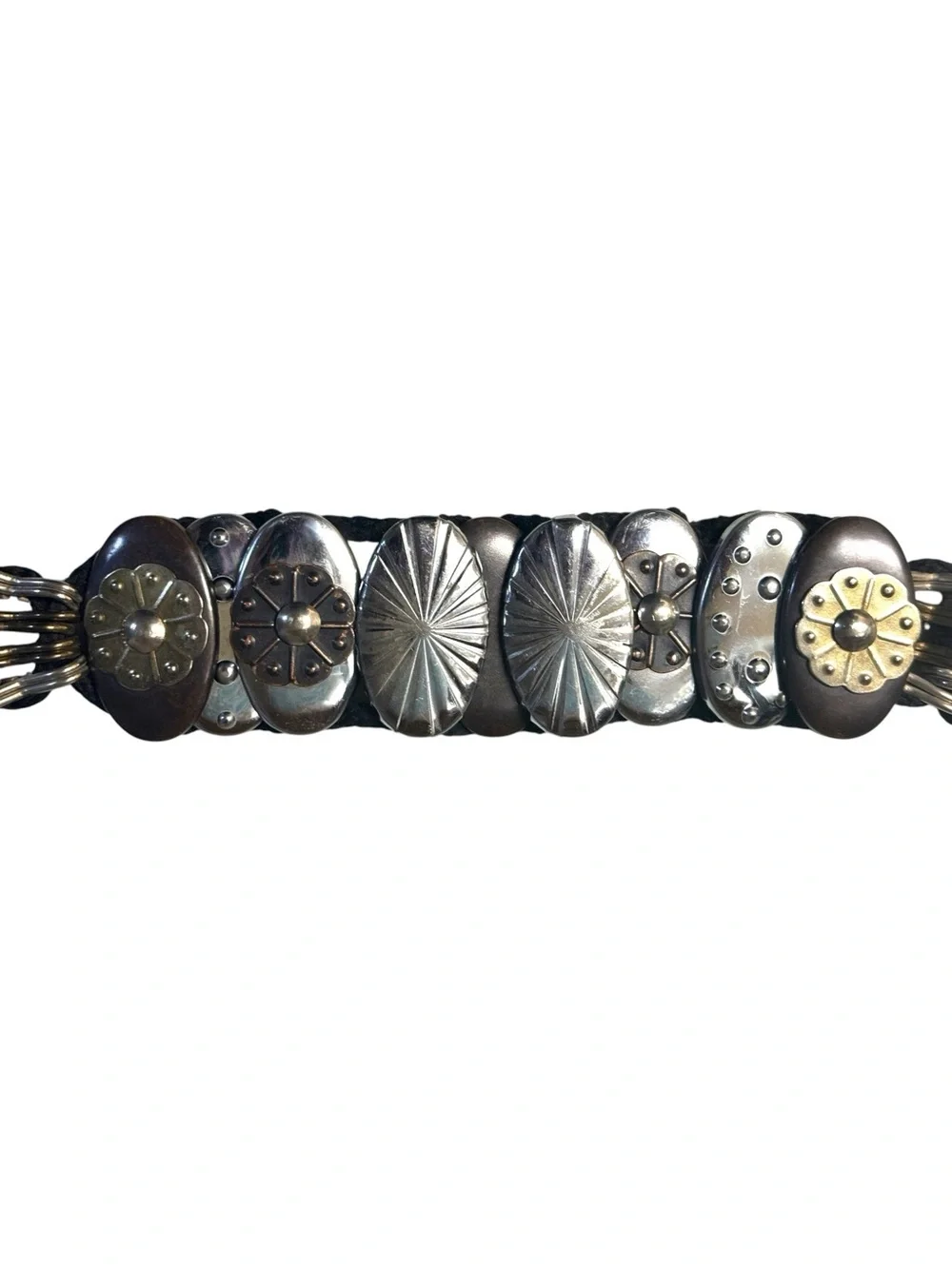 80s Mixed Metal Artisan Art to Wear Concho Brass & Wood Bohemian Cord Cinch Belt